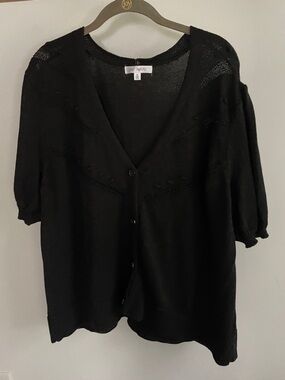 Black V-Neck Button-Front Short Puff Sleeve Cardigan